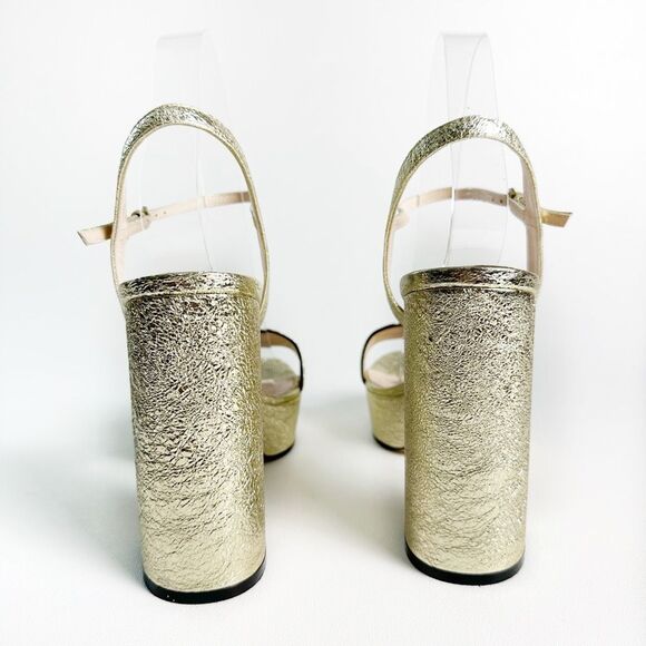 GUCCI Marmont Gold Platform Heel Sandals 39.5 Metallic Leather Block Ankle Strap - Picture 7 of 12